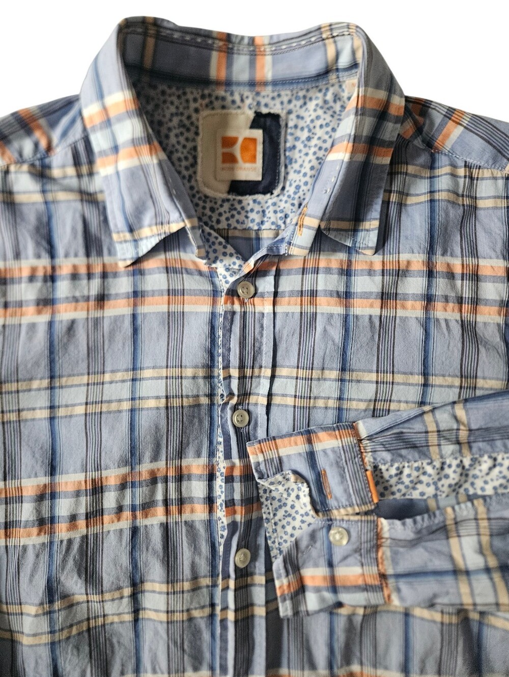 HUGO BOSS Boss Orange Plaid Button-Down Shirt Blue/Orange Check | SZ M